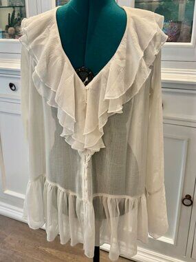 Free People Callie Billowy Sheer Ruffle Tunic Blouse in Ivory Cream XS